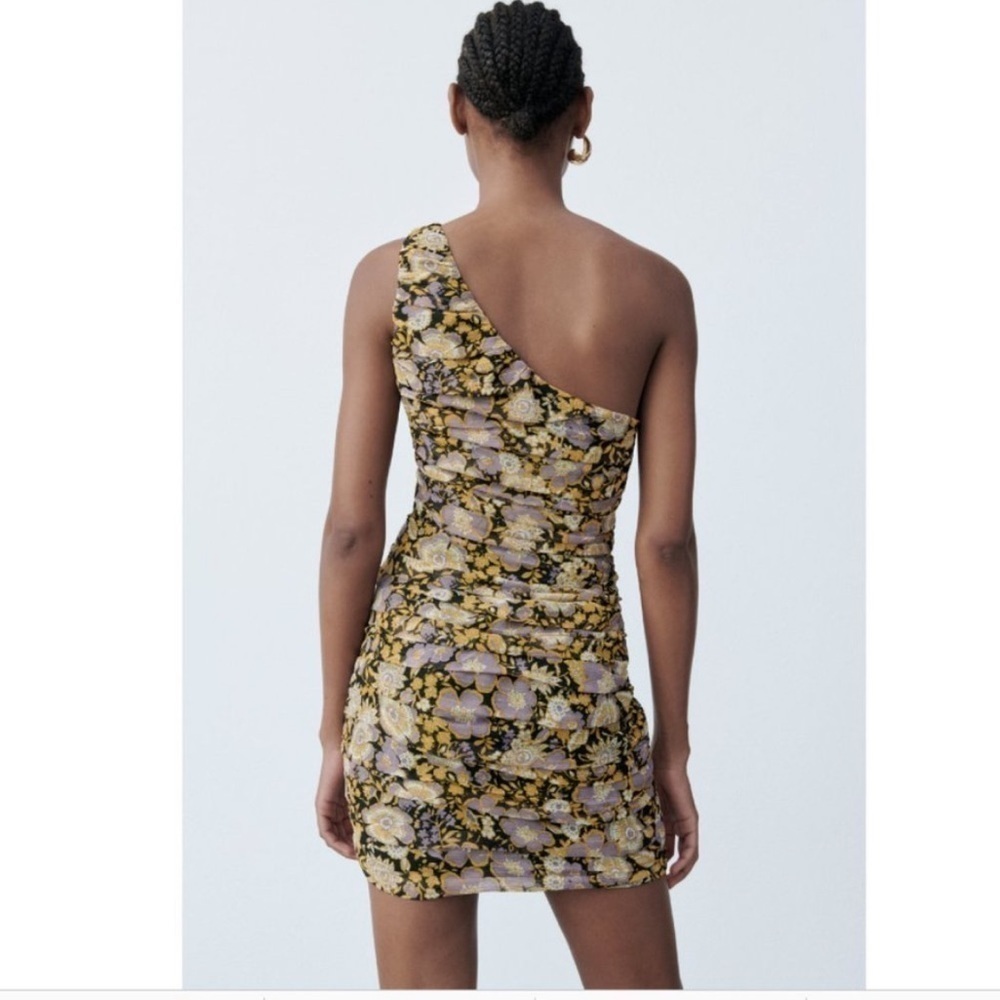 Zara Floral One Shoulder Mini Dress purple gold floral size small - Picture 5 of 12